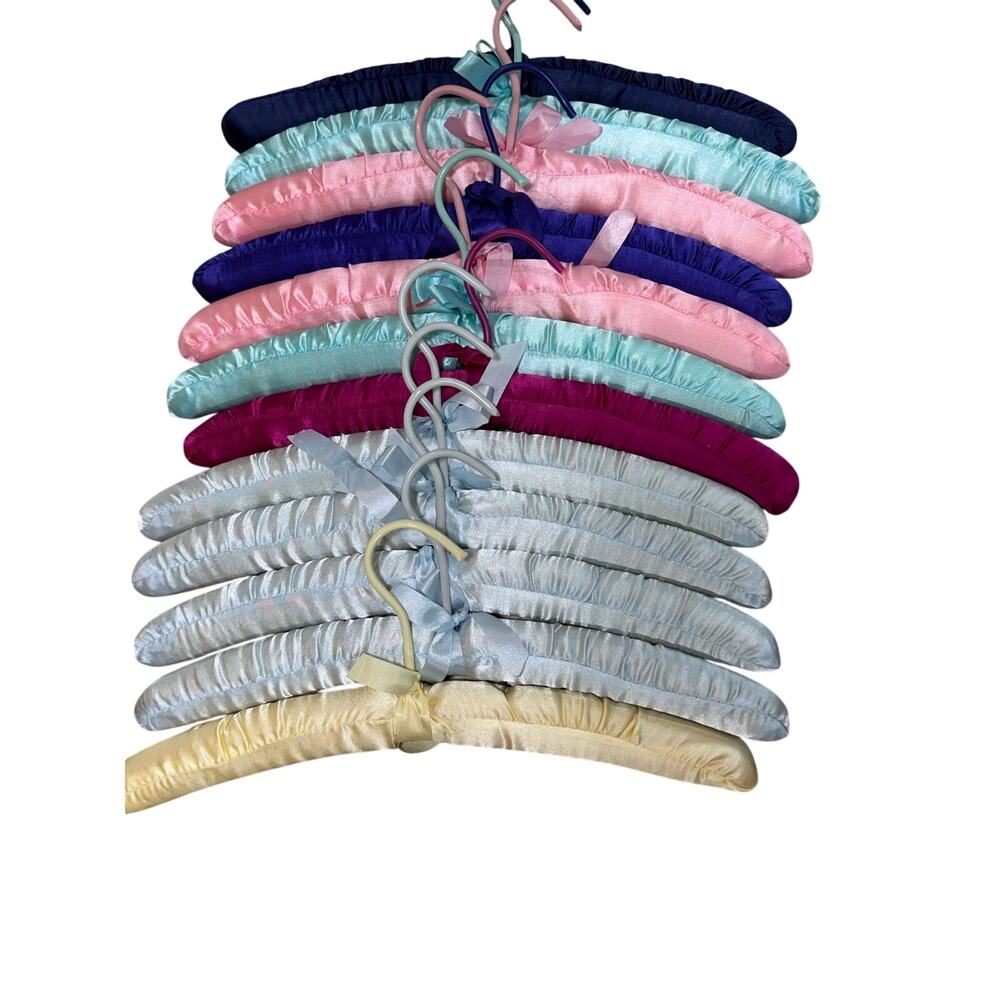 Lot of 12 Satin Padded Clothes Hangers Multicolor with Bow Accents - Picture 2 of 10